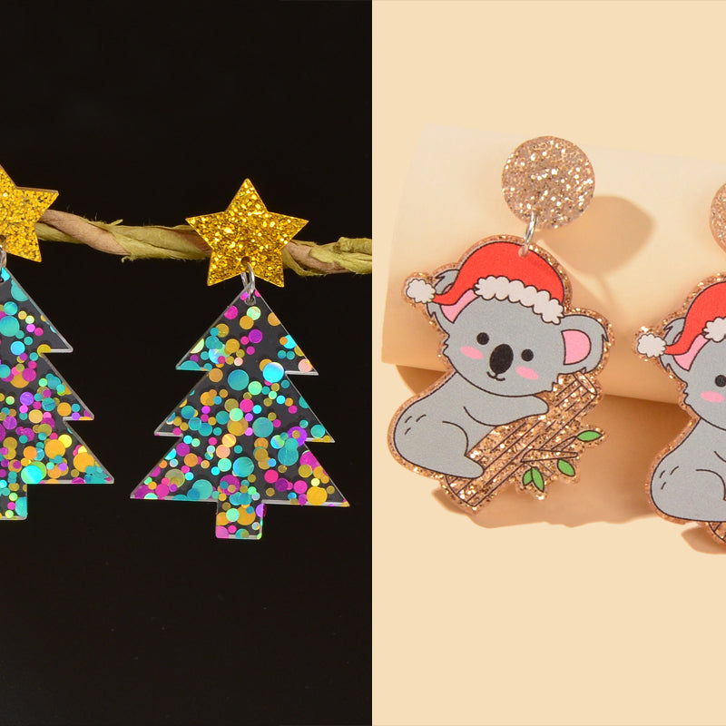 2 pairs Christmas Festival Jewelry Sequin Decor Acrylic Tree Koala Earrings set