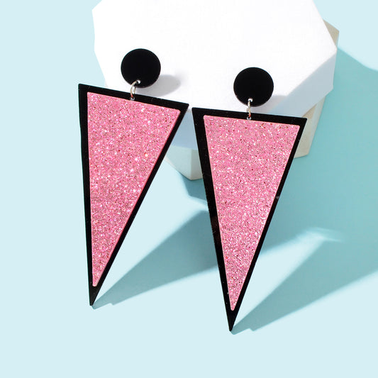 Shining Pink Sequin Decor Acrylic Triangle Geometric Dangle Earrings for Party