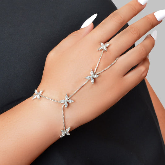 Diamond-Encrusted Chain Ring Connected Hand Wrist Bracelet