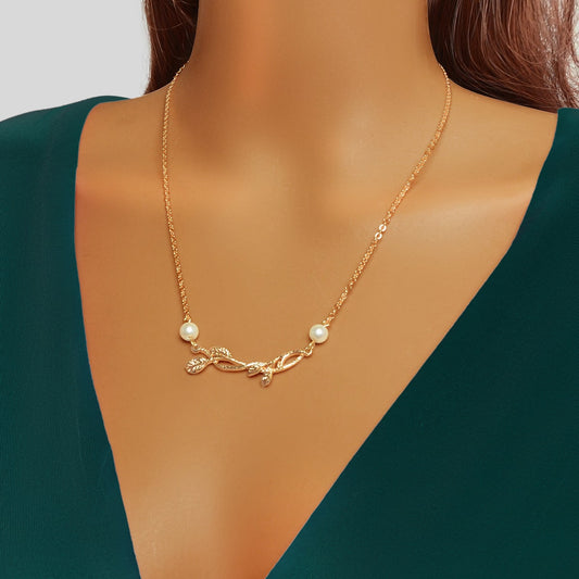 Golden Floral Elegance Long Leaf Pendant Necklace - Timeless Charm Jewellery