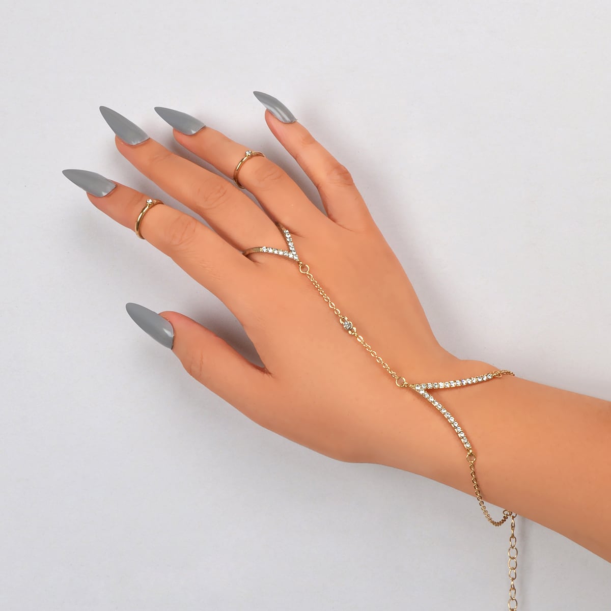 Jewellery set Rhinestone Decor Gold Chain Slave Bracelet and 2 pcs Knuckle Ring