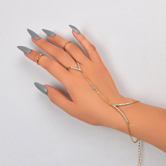 Jewellery set Rhinestone Decor Gold Chain Slave Bracelet and 2 pcs Knuckle Ring