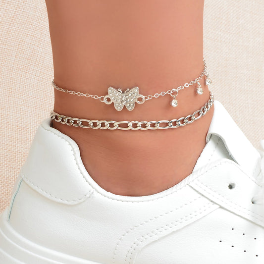 Butterfly Pendant Double-Layer Silver Chain Foot Anklet Gift