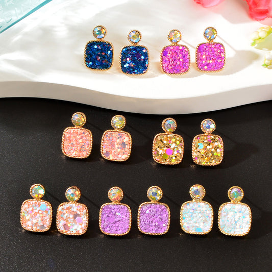 Colorful Square Glitter Sparkle Stud Earrings - Trendy Fashion Jewelry Accessory