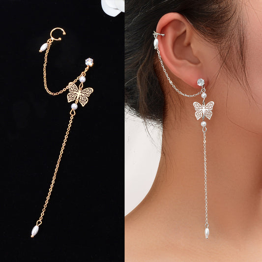 Butterfly Pendant Tassel Stud Earrings - Elegant and Whimsical Dangles Ear Clip