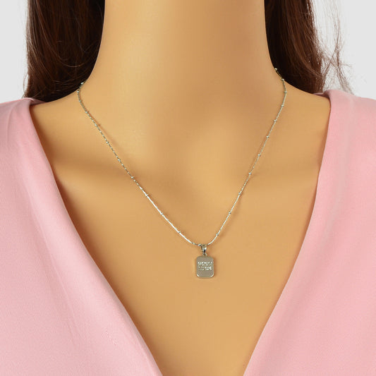 Minimalist Silver Chain Good Luck Letter Square Pendant Necklace Daily Jewellery
