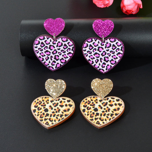 Colourful Leopard Print Heart Pendant Earrings Wild Style Statement Jewellery