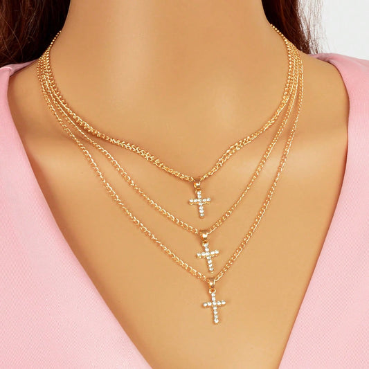 Unique Design Rhinestone Multi-layer Gold Silver Chain Cross Pendant Necklace