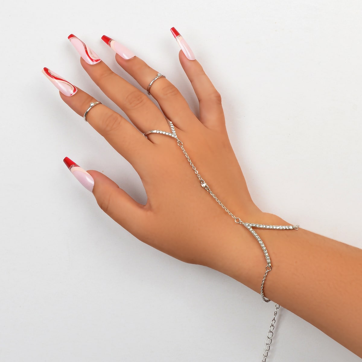 Jewellery set Rhinestone Decor Gold Chain Slave Bracelet and 2 pcs Knuckle Ring
