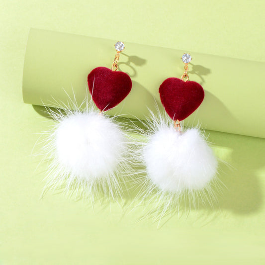 Sweet Red Heart White Fluffy Faux Fur Pom Pom Ball Dangle Earrings Jewellery