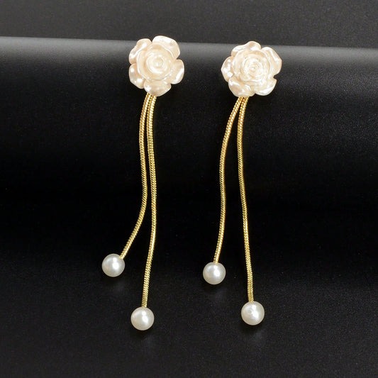 Romantic Flower Pearl Charm Long Gold Chain Pendant Earrings