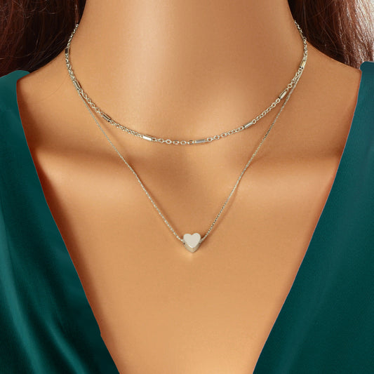 Minimalist Chic Double layer Silver Chain Heart Pendant Clavicle Party Necklace