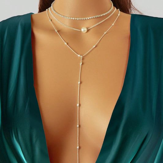 Silver Triple-Layer Chain Long Tassel Necklace Elegant Statement Piece