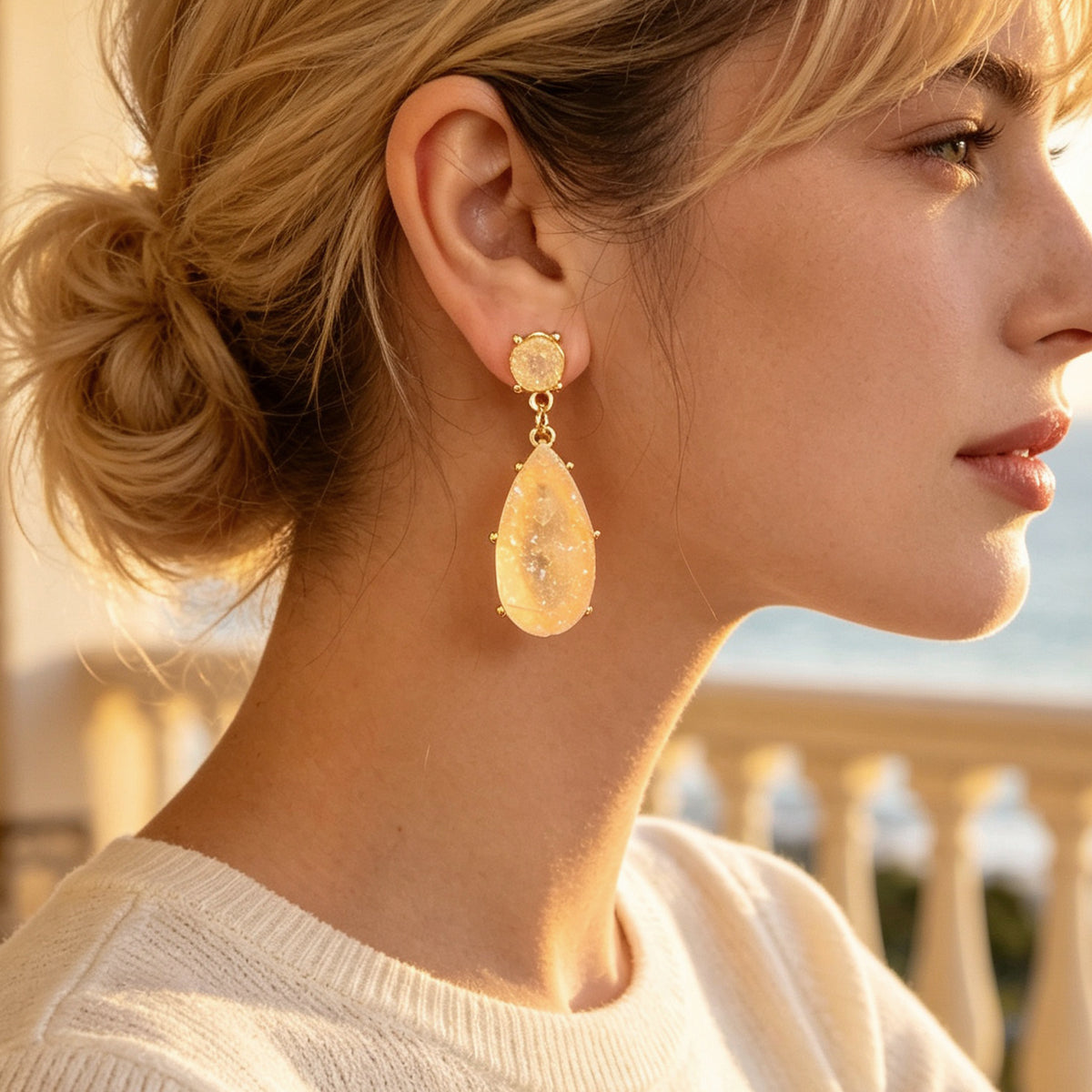 Banquet Party French style Champagne Faux Gemstones Water Drop Dangle Earrings