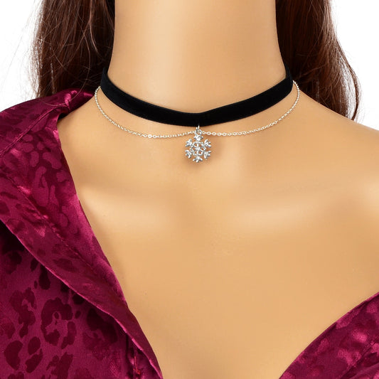 Snowflake Pendant Black Velvet Double-Layer Short Necklace