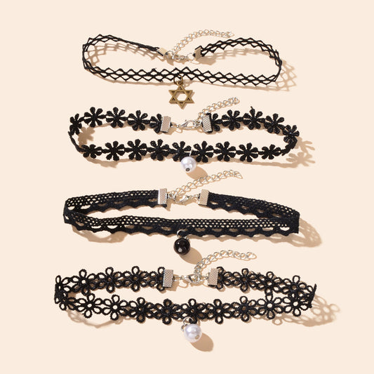 4 pcs Retro Star Beaded Charm Flower Geometric Tattoo Choker Black Lace Necklace
