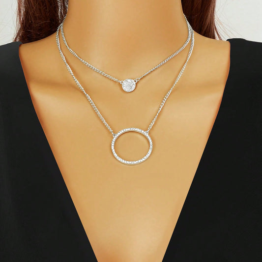 Silver Double-Layered Large Circle Pendant Necklace - Stylish Statement Jewelry