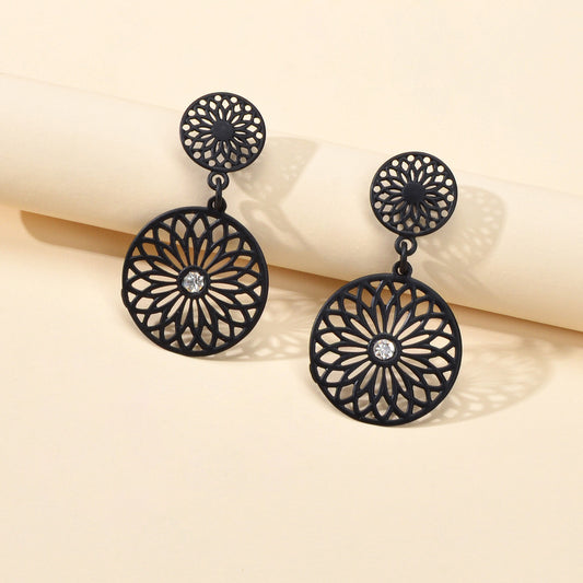 Vintage Jewellery Hollow Out Mandala Black Carved Flower Pattern Round Earrings