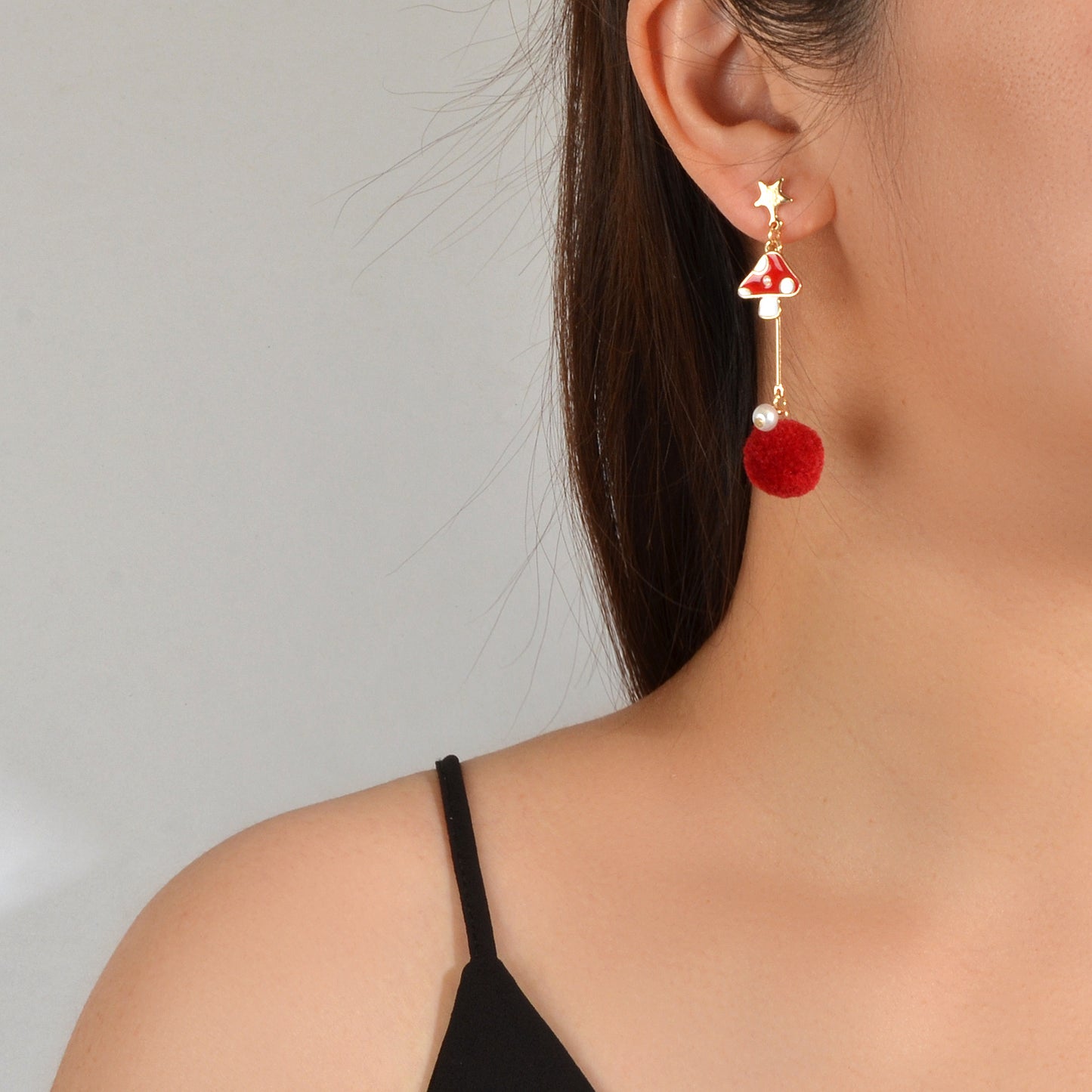 Red White Enamel Easter Rabbit Bunny Mushroom Ball Charm Asymmetric Earrings