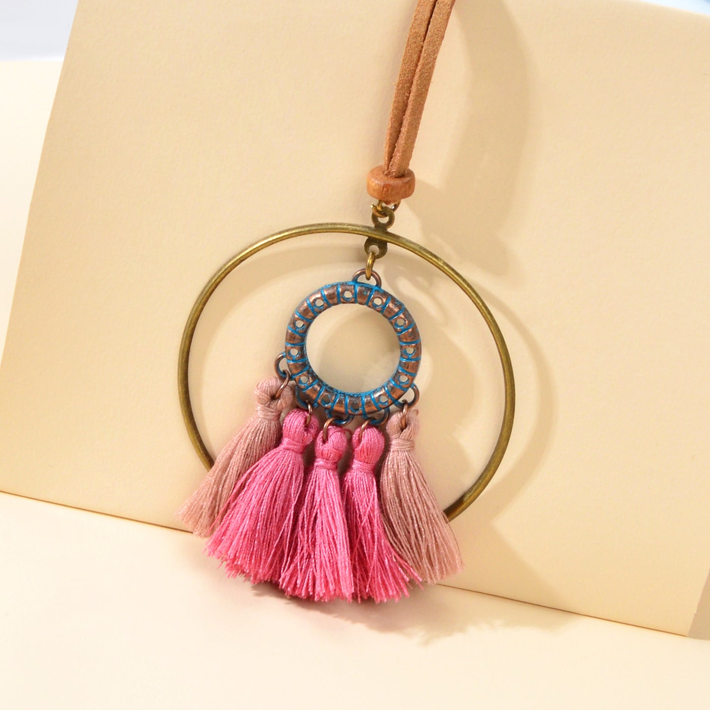Ethnic American Jewellery Long Chain Pink Tassel Circle Charm Boho Chic Necklace