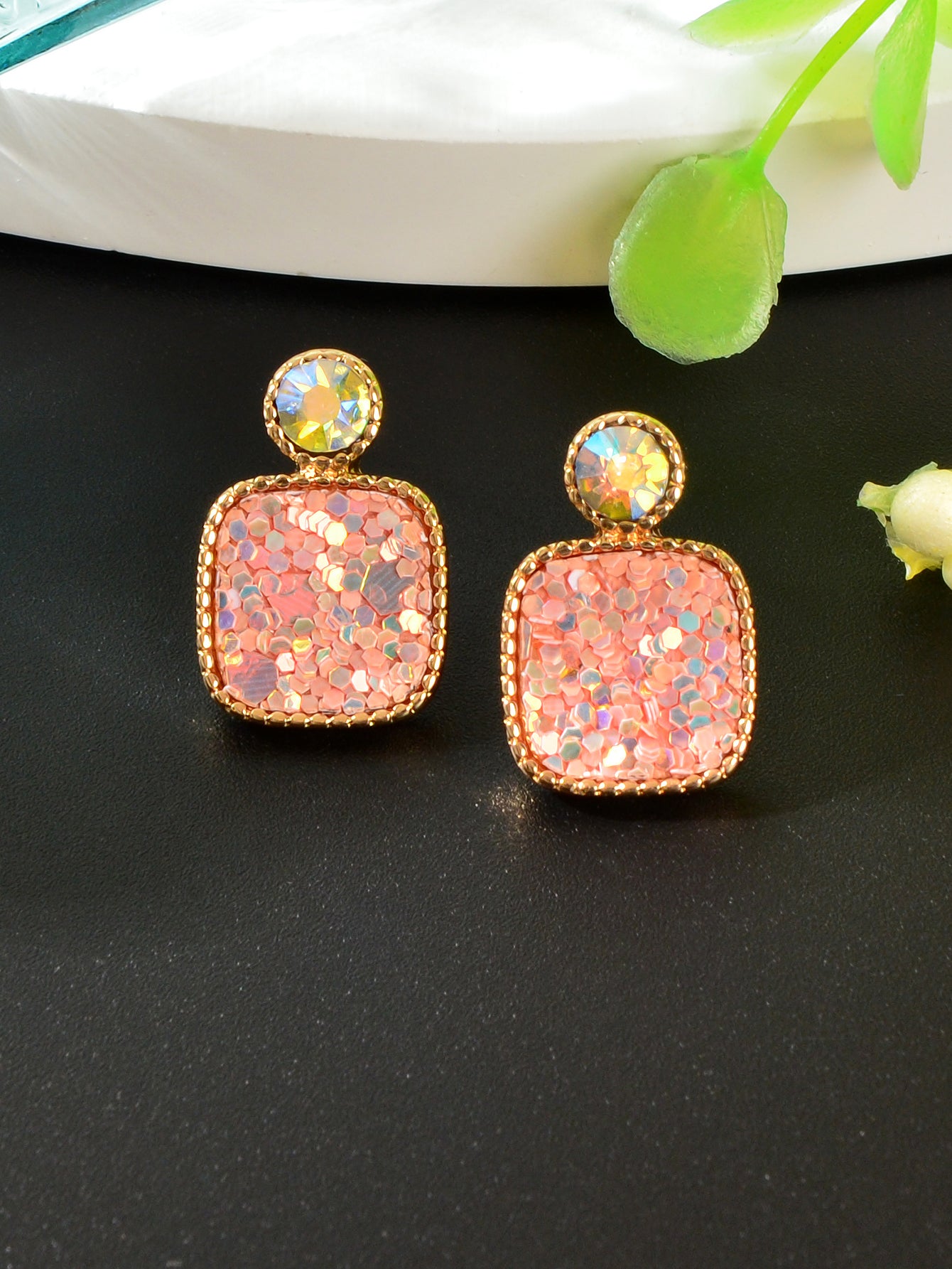 Colorful Square Glitter Sparkle Stud Earrings - Trendy Fashion Jewelry Accessory