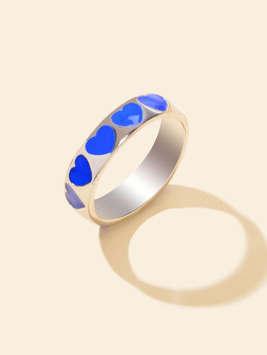 Blue Enamel Heart Silver Comfort Fit Promise Ring Women Wedding Eternity Band