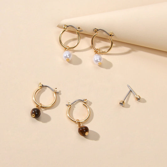 3 pairs Ear Jewellery Pearl Beads Charm Hoop Earrings set Rhinestone Studs Gift