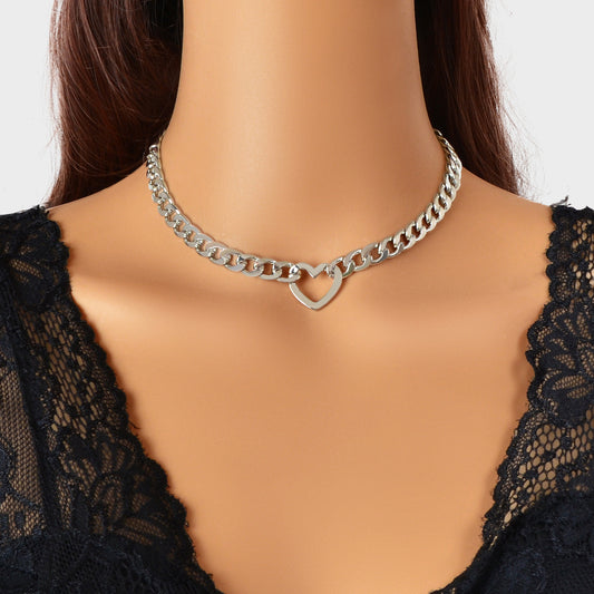 Fashion Punk Choker Crude Silver Link Chain Heart Charm Collar Clavicle Necklace
