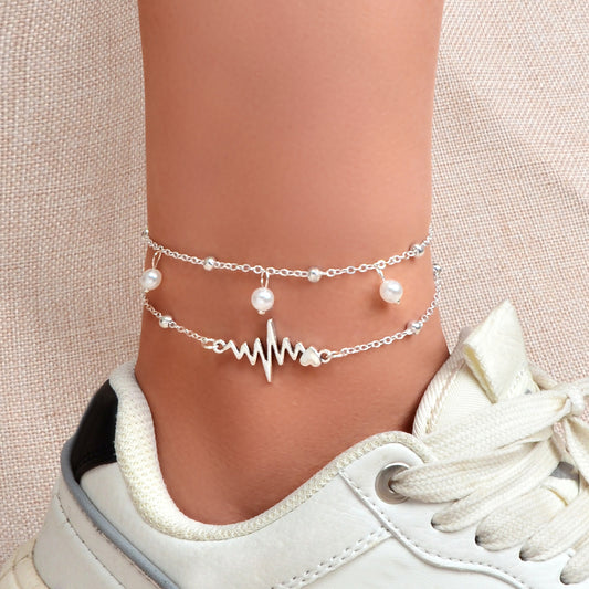 Double layer Silver Chain Pearl Bead Charm Heartbeat Boho Chic Foot Chain Anklet