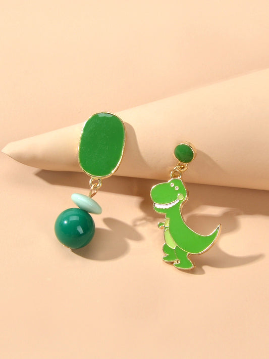 Asymmetrical Cartoon Design Green Beads Enamel Dinosaur Dangle Animal Earrings
