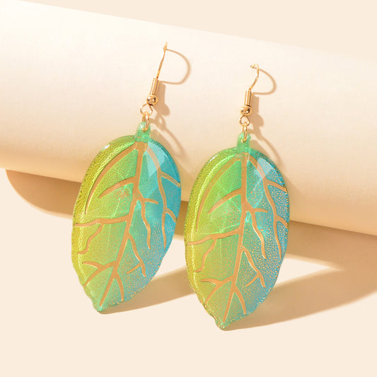 Green Leaf Acrylic Drop Dangle Statement Earrings Bohemian Summer Cool Jewellery