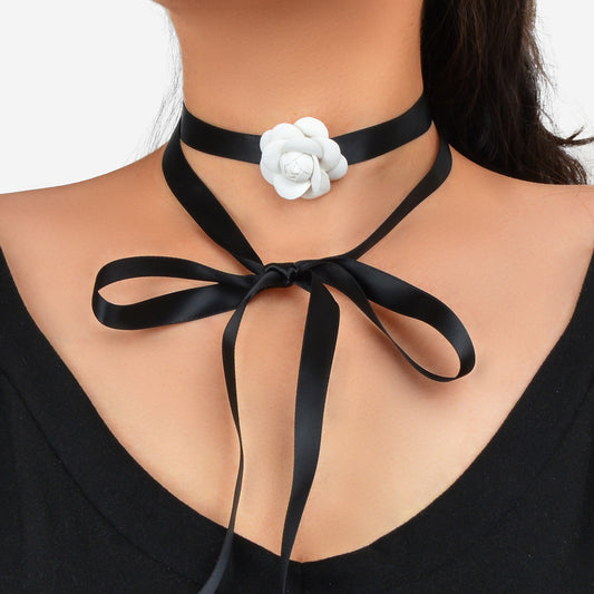 Retro Accessories White Flower Long Black Ribbon Tied Choker Necklace for Party