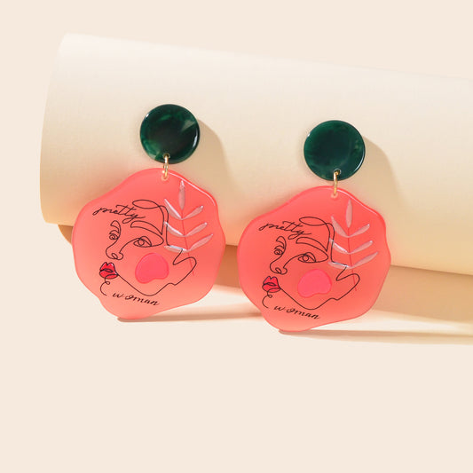 Statement Fun Acrylic Portrait Pattern Red Chunky Vintage Dangle Resin Earrings