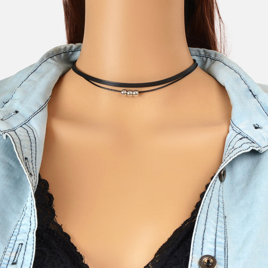 Gothic Hippie Black Pu Leather Double Layer Choker Cool Collar Short Necklace