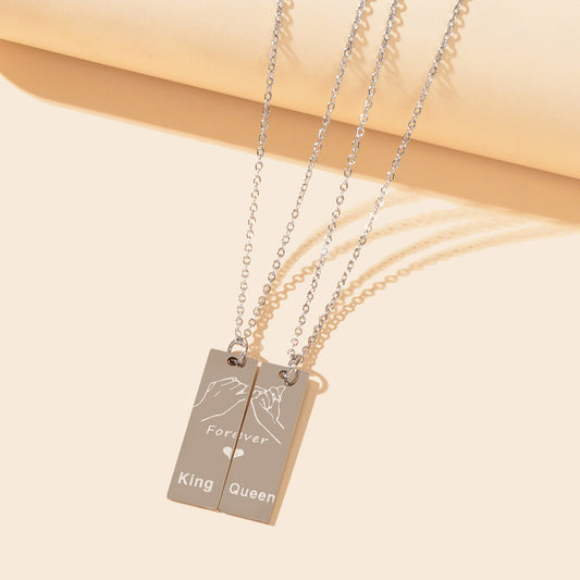 2 pcs Love Heart King Queen Square Pendant Couple Lover Matching Necklaces Gift