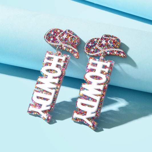 Designer Stylish Colorful Sequin Cowboy Hat Howdy Letter Acrylic Dangle Earrings