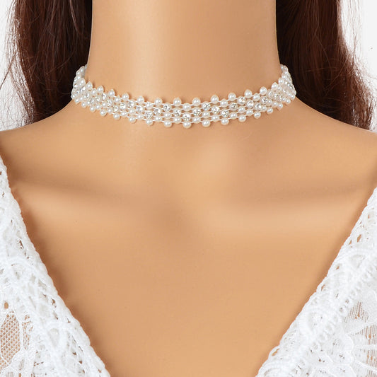 Retro Imitation Pearl Rhinestone Multi-layer Chain Hollow Short Choker Necklace