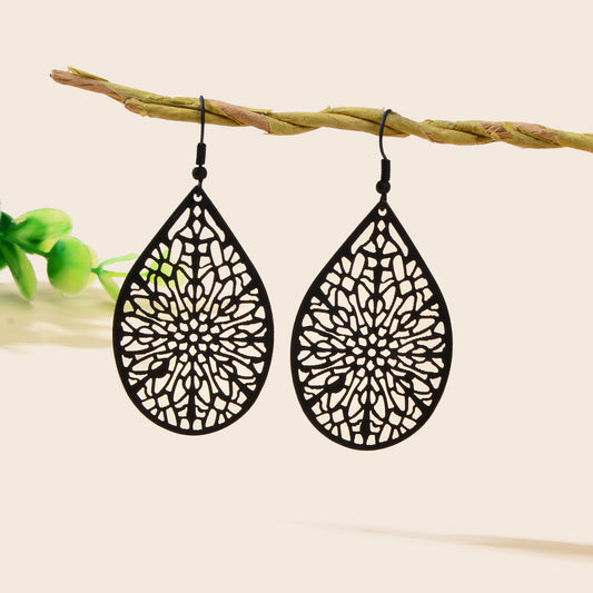 Vintage Black Flower Pattern Hollow Water Drop Earrings Trendy Women Accessories