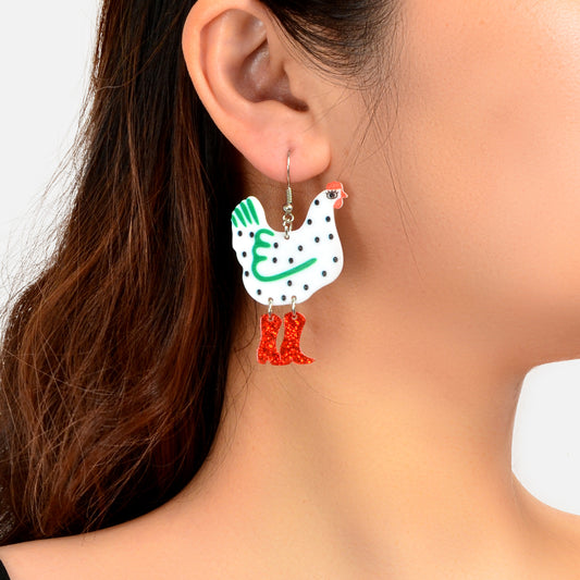 Cute Design Hen with Boot Dangle Lightweight Acrylic Chicken Earrings Party Gift