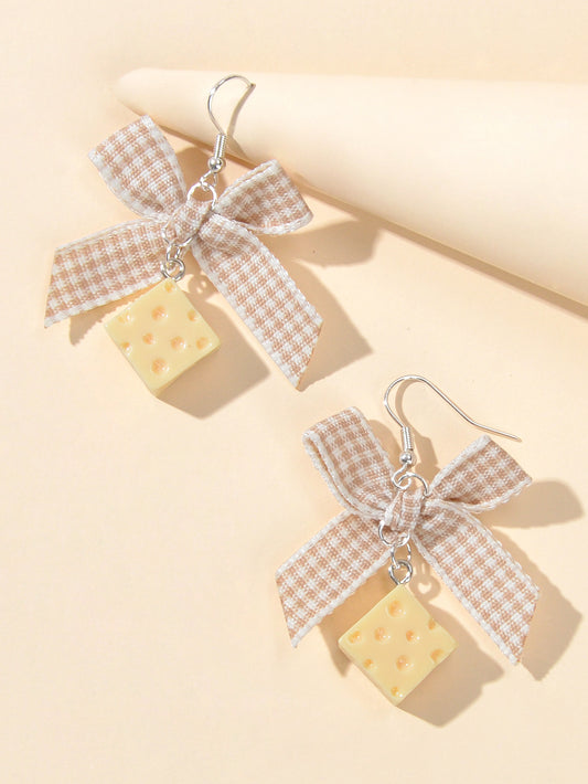 Sweet Beige Lattice Ribbon Bowknot Cheese Charm Dangling Elements Hook Earrings