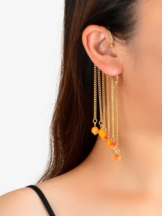 1pc Cartilage Jewellery Long Chain Tassel Orange Beads Charm Cuff Women Earrings