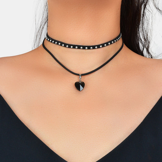 Halloween Cosplay Jewellery 90s Gothic Layered Black Choker Heart Charm Necklace