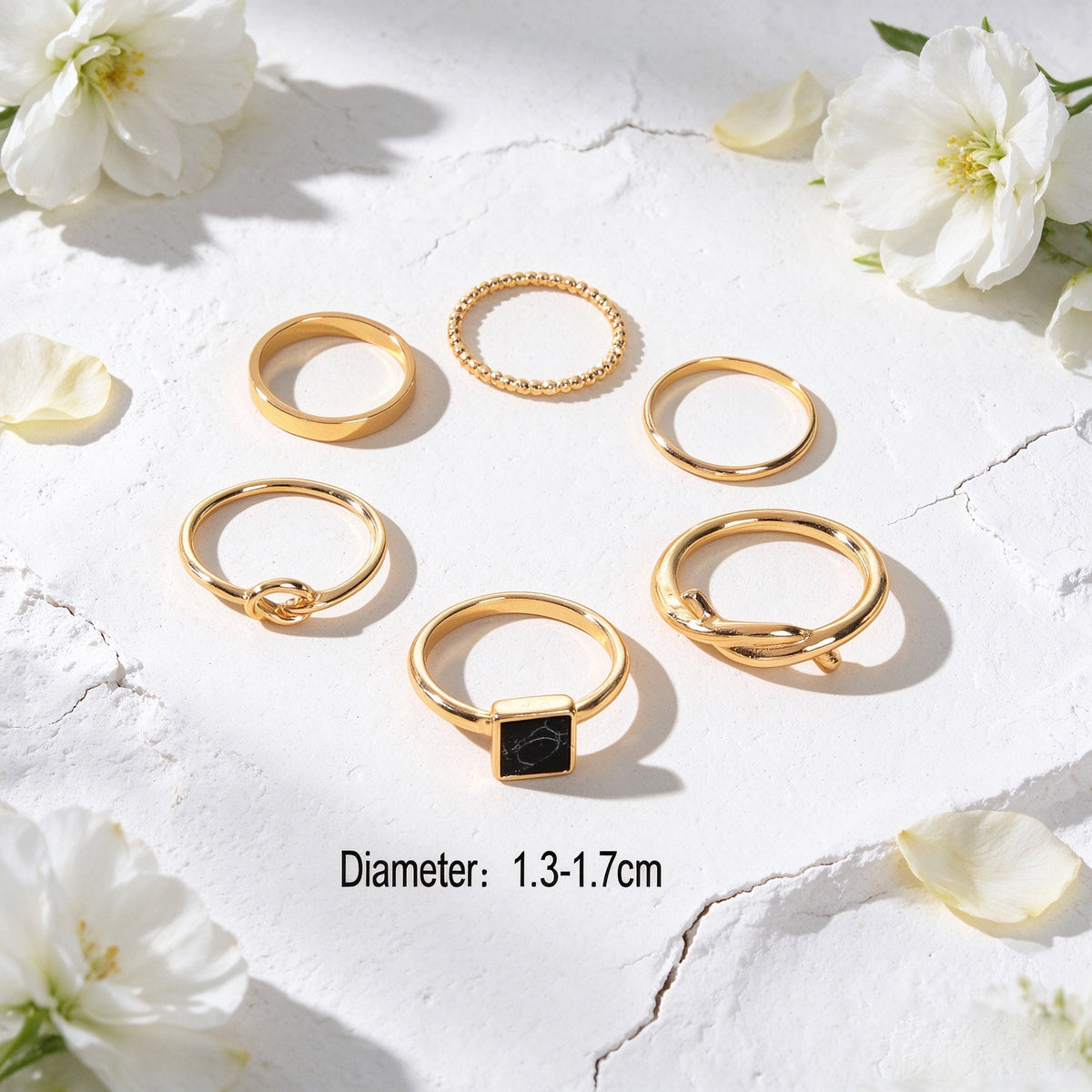 6pcs Minimalist Black Square Geometric Silver Gold Stackable Knotted Finger Ring