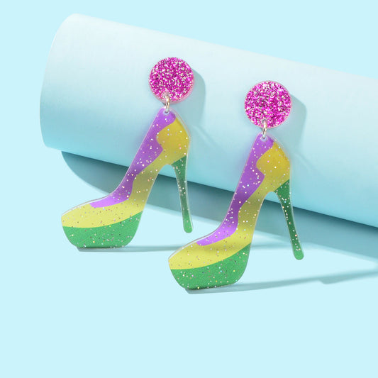 Funky Mixed Colour Acrylic Shiny Big High-heeled Shoes Novelty Dangle Earrings