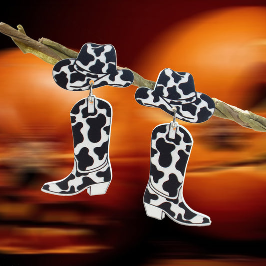 Retro Design Style Cowboy Boots Hats Acrylic Black White Pattern Dangle Earrings