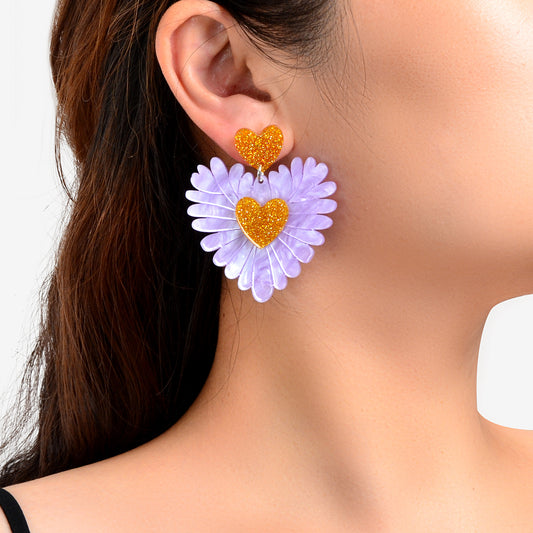 Sweet Holiday Acrylic Purple Flower Heart Earrings Valentine's Day Gift Jewelry