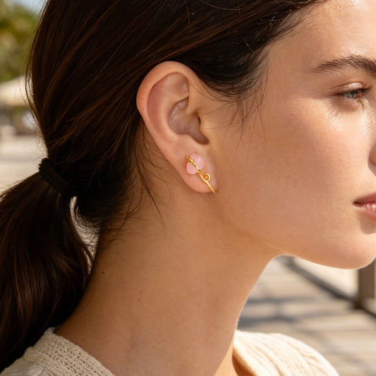 2pcs Boho Pink Stone Clip‑On Ear Cuffs Gold No Piercing Earrings Simple Jewelry