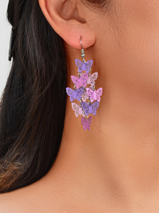 Women's Fashion Hot Pink Purple Hollow Multi-level Butterfly Chandelier Earrings
