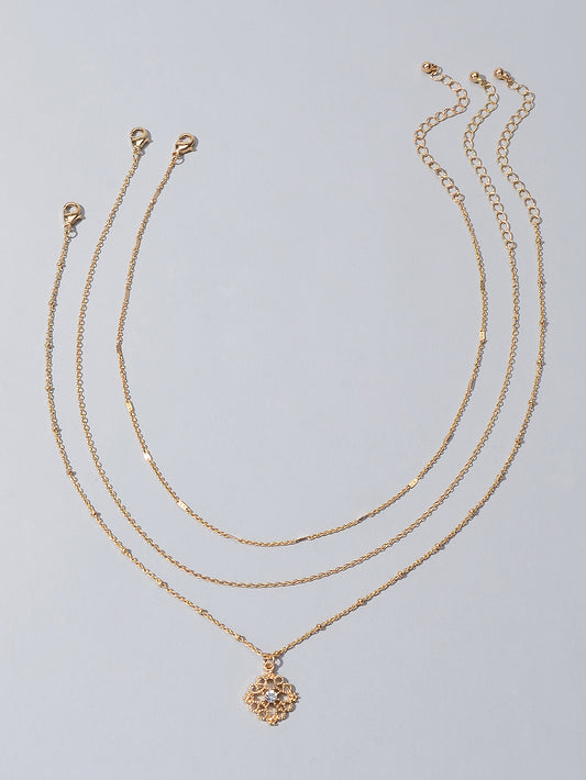 3pcs Female Jewelry Beautiful Multiple Gold Chain Flower Pendant Trendy Necklace