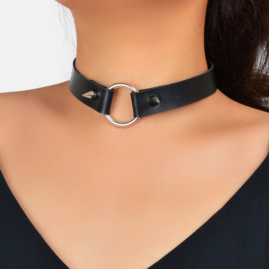 Gothic Punk Grunge Rock Black PU Leather Spike Circle Choker Adjustable Necklace